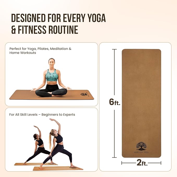MHW - Live Well Thick Non-Slip Yoga Mats for Home Workout – Eco-Friendly Cork & TPE Yoga Mats | Extra Wide, Long, Foldable, Odorless Exercise Mats with Strap & Bag – Travel-Friendly & Portable