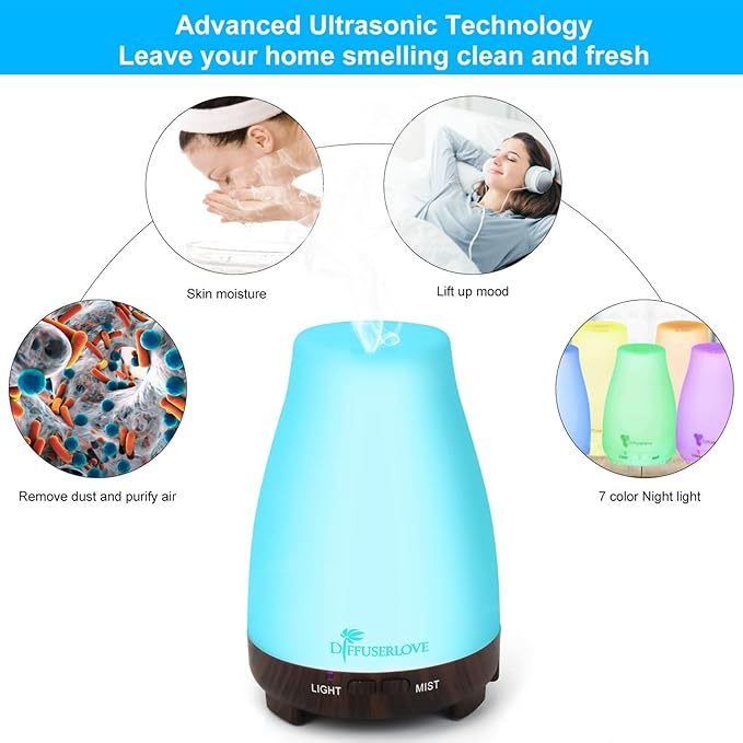 Diffuserlove Essential Oil Diffusers 200ML Remote Control Diffuser Mist Humidifiers BPA-Free Aromatherapy Diffuser (Black Base) Diffuserlove