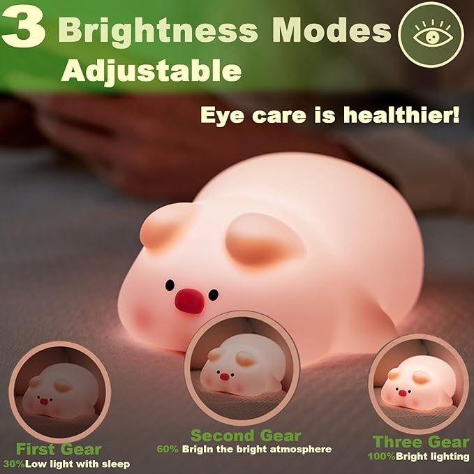 Cute Pig Lamp, Fun Lying Flat Pig Night Light, LED Squishy Animal Novelty Lamp, Light up Duck for Kids Great Gift, 3 Level Dimmable Nursery Nightlight Rechargeable Bedside Touch Lamp (Pig Lamp) - Bloomnest