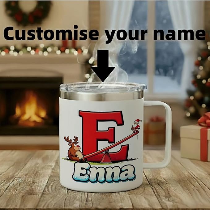 JugJug Personalized Christmas Mug with Initial & Name - Funny Seesaw Santa 12oz Insulated Coffee Cup w/Lid - Cute Xmas Gifts for Kids, Girls (B174) - Bloomnest