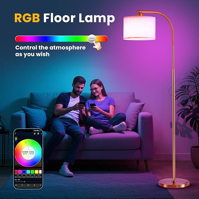 Floor Lamp for Living Room with Remote,Dimmable Tall Standing Lamps,Modern Floor Light with Smart RGB Bulb,App Control,3 Color Temperatures,Fabric Shades,Gold Floor Lamp for Bedroom Office Corner - Bloomnest