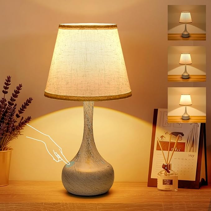 Touch Table Lamp for Bedroom, Farmhouse 3-Way Dimmable Room Lights for Bedroom with Fabric Shade，Desk Lights for Home Office - Bloomnest