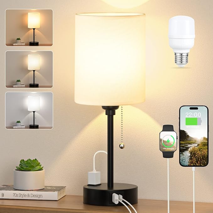 Small Bedside Table lamp for Bedroom - 3 Color Temperatures Bedside Lamps with USB C and A Ports, Pull Chain Table Lamps with AC Outlet, White Nightstand Lamps with Black Metal Base for Kids Reading - Bloomnest