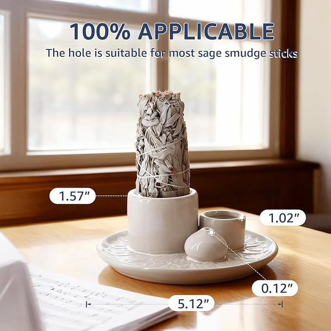 4 in 1 Ceramic Incense Holder, Palo Santo Stick Holder, Sage Holder for Burning, 5.2" Ash Catcher Tray for Meditation, Yoga & Home Decor (White)