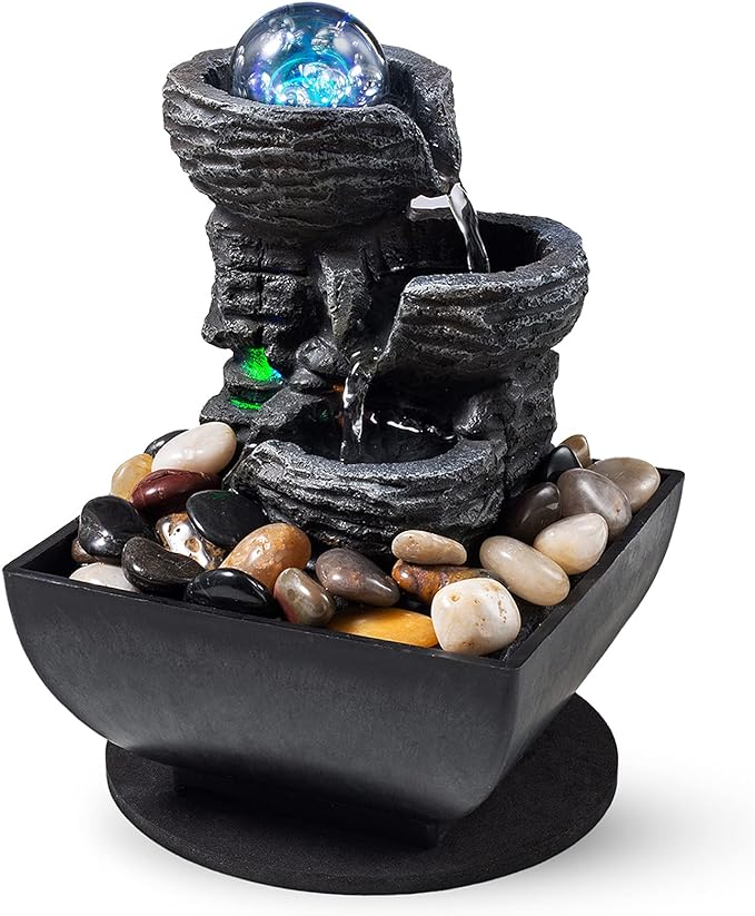 Tabletop Fountain Indoor Waterfall Meditation Fountain Like Layers of Rock Desktop Water Feature Includes Many Natural River Rock LED Lights Rolling Decorative Bubble Balls - Bloomnest