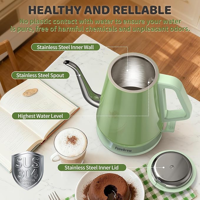Gooseneck Electric Kettle(0.8L),1200 Watts Fast Boiling,Stainless Steel BPA Free,Automatic Shut Off,Pour Over Kettle for Small Kitchen,RV,Trip,Coffee & Tea- Green - Bloomnest