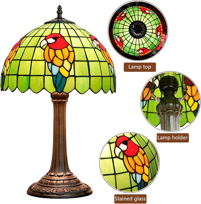 Tiffany Lamp Parrot Green Bedroom Table Lamp Stained Glass Reading Bedside Light for Home Living Room Office Dormitory Dining Room Decorate 12X12X18 inch Desk Light Include LED Bulb - Bloomnest
