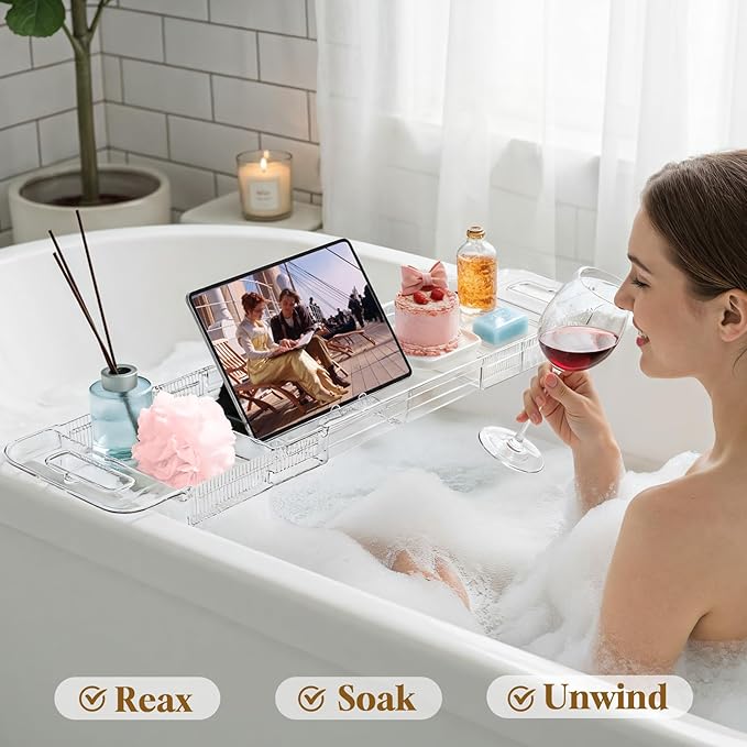 Expandable Clear Acrylic Bathtub Tray Caddy, Foldable Tub Bath Tray with Drain Slots, Slip-Resistant Waterproof Bathroom Shelf Caddy & Home Spa Gift for Women - Bloomnest