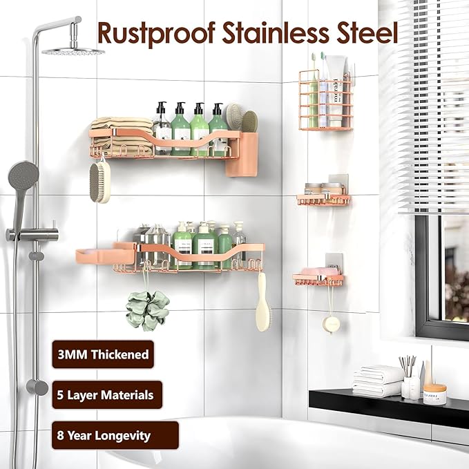 Shower Caddy Adhesive Shower Organizer 7-Pack, Rustproof Stainless Steel Bathroom Shelves, Large Capacity No-Drill Rack Storage Accessories with Soap Dish Toothbrush Holder Hooks - Bloomnest