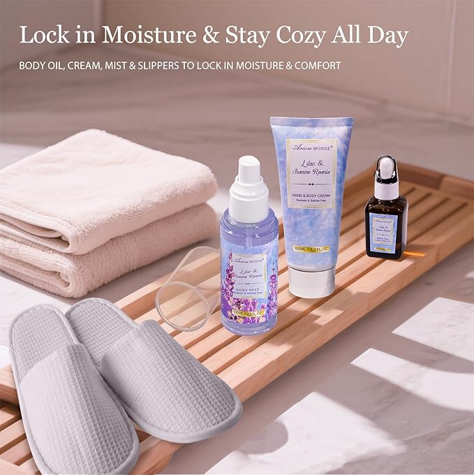 Gift baskets for women, 15Pcs Lilac Women Bath Gift Baskets w/Body Mist, Diffuser, Bath Bomb. Unique Relaxing Spa Gift Basket Set, Mothers Day Gifts for Mom Wife Grandma Daughter Friends Sister - Bloomnest