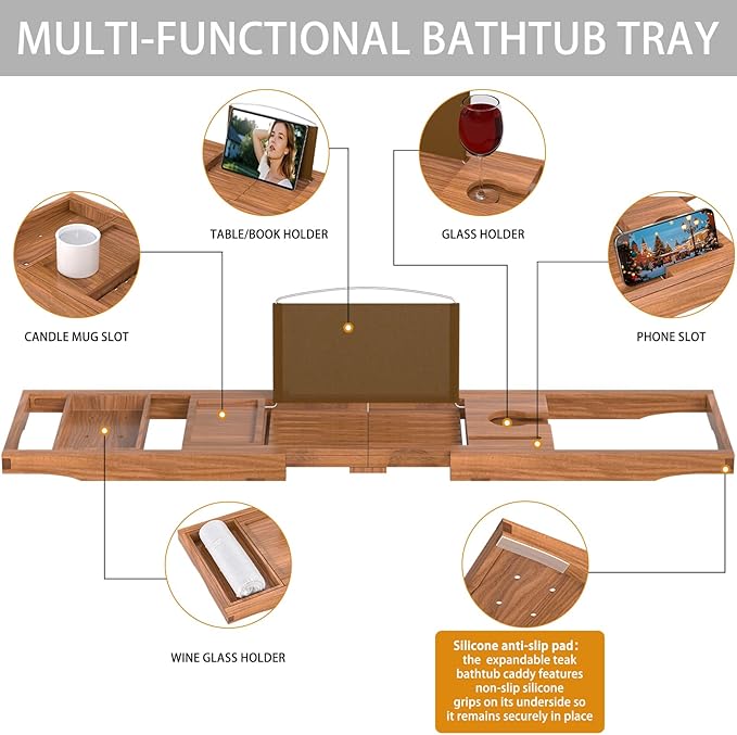 Premium Teak Bathtub Tray Caddy, Expandable Wooden Bath Tray for Tub,Luxury Bathroom Accessories,Great House Warming, Anniversary & Wedding and Birthday Gifts - Bloomnest