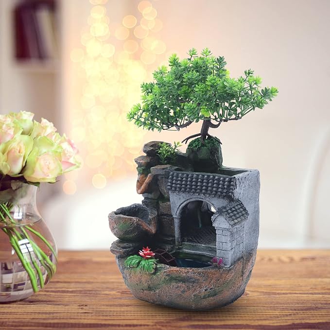 Water Fountains Indoor Tabletop Fountains Rock Fountain with Lights & Plants, Indoor Waterfall Fountain Desk Fountain Desktop Fountain for Indoor Outdoor Office Home