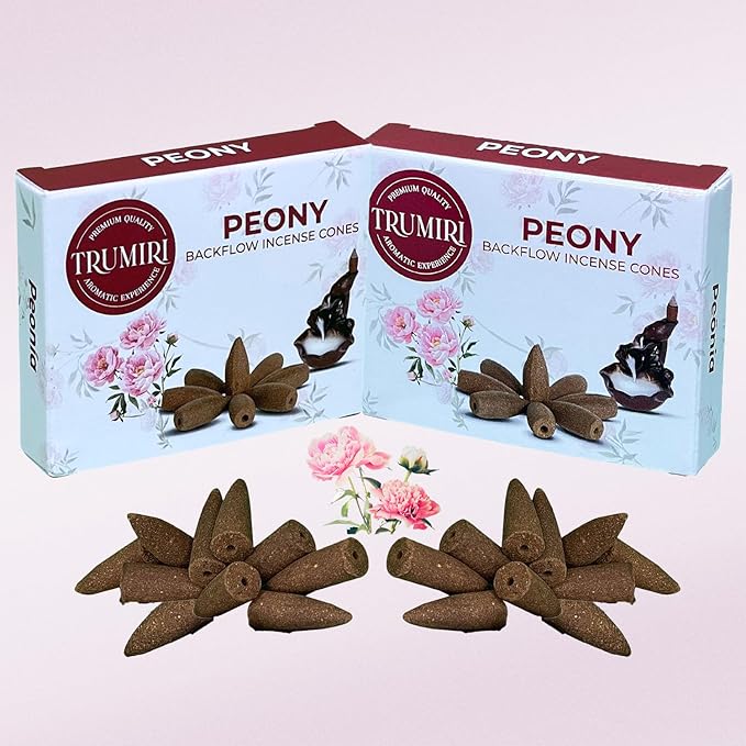 Peony Backflow Incense Cones - Total 20 Incense Cones Waterfall - Dual Pack of 10 Incense Backflow Cones - Waterfall Incense Cones - Incense Waterfall Cones TRUMIRI