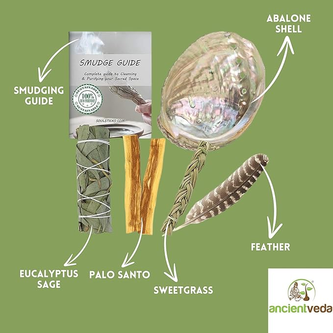 Ancient VEDA Healer's Kit: Complete Sage Smudge Kit Bundle w/Abalone Shell, Palo Santo, Sweetgrass, Turkey Feather & Guidebook – Spiritual and Energy Cleansing, Ritual Supplies, Smudging Essentials AncientVeda