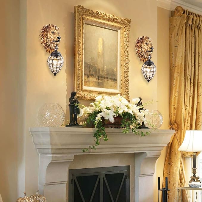 Lion Head Wall Decor Sconces Wall Lighting Retro Baroque Crystal Sconce Gold Luxury Wall Lights Fixtures for Living Room Bedroom Bedside Stairs Bathroom Mirror Headlights Lamp, E26 (B) - Bloomnest