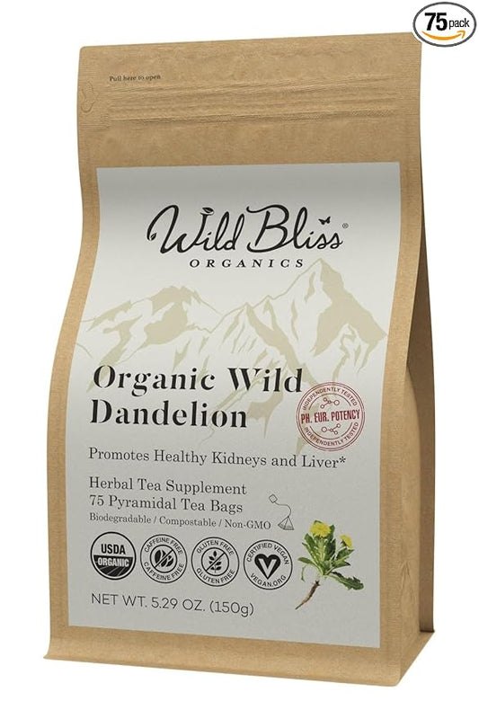 Wild Bliss Organic Wild Raw Dandelion Root Tea - Pharmacopoeia Quality Caffeine Free Herbal Detox Support - 75 Plant Based Tea Bags - Bloomnest
