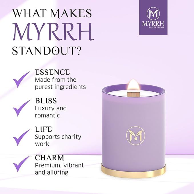 MyrrhUSA Lavender Blossom Scented Candle – 15oz Natural Soy Wax with Crackling Wooden Wick & Essential Oil, 80 Hour Burn | Luxury Aromatherapy Candle for Relaxation, Home Décor, Living Room & Bathroom - Bloomnest