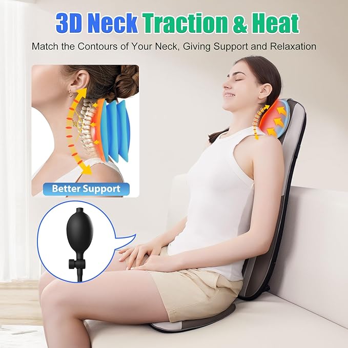 Shiatsu Back Massager with Heat, Massage Chair Pad Seat Cushion for Stress Relief, Deep Tissue Kneading & Roller, 2 Vibration Motors, Back Waist Hip Massager, PU Leather, with 2 Adapters - Bloomnest