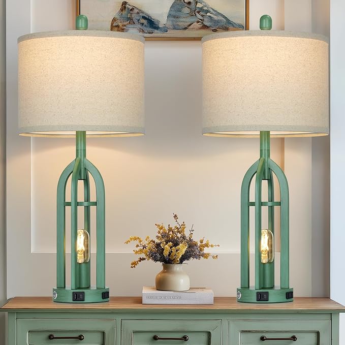 27" Tall Vintage Table Lamp Set of 2 with USB C+A & Outlet,Farmhouse Green Table Lamp for Living Room,Retro Bedside Lamps with Night Light for Bedroom Entryway,Green - Bloomnest