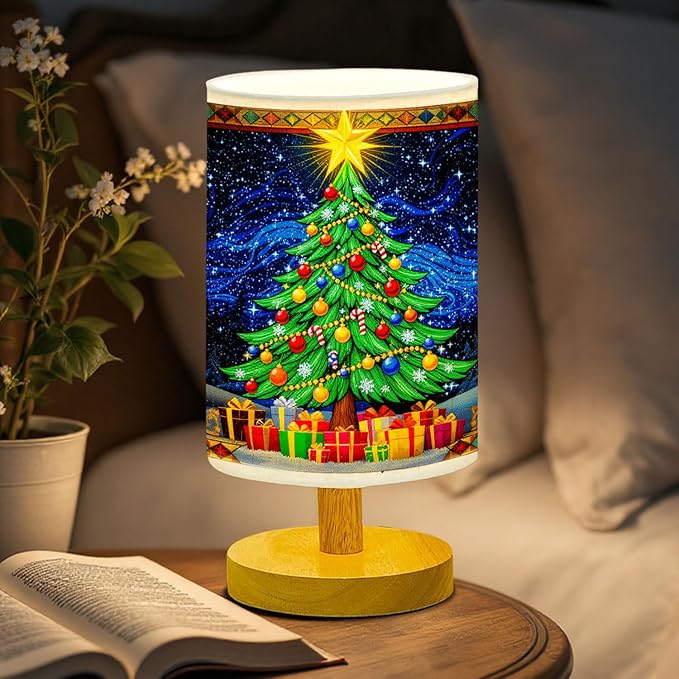 Christmas Tree Table Lamp LED 3-Color Pressed Bedside for Merry Christmas, Christmas Tree Shade Christmas Table Lamp with Wood Base for Bedroom Living Room Desk Office - Bloomnest