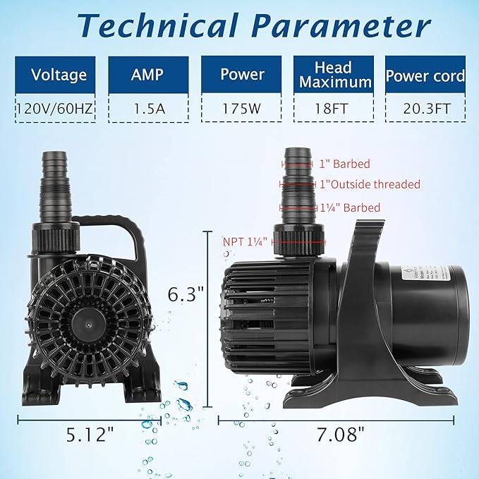WaterRebirth (3200GPH-175W,UL listed) High Flow Large Fountain Submersible Water Pond Sump Pump Aquarium Electric Waterfall Pump Outdoor PS-3200 - Bloomnest
