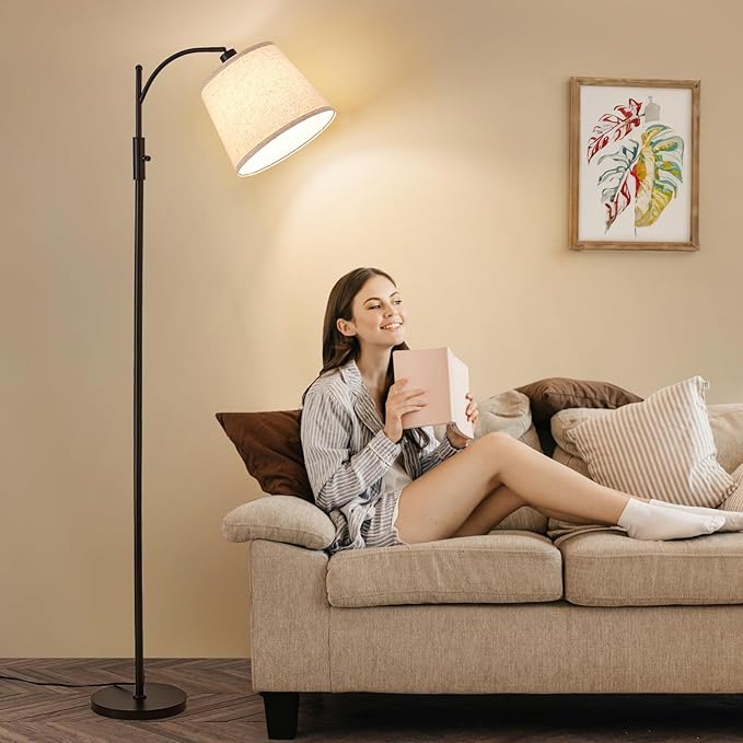 AIDENOEY Fully Dimmable Floor Lamp for Living Room，Standing Lamp Rotary Switch with Linen Beige Shade，Black Tall Lamps for Bedroom with Adjust Head，9W LED Bulb Included - Bloomnest