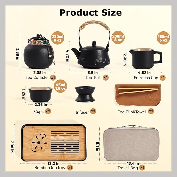 Japanese Tea Set, Portable Ceramic TeaSet, Asian Tea Sets for adult, Tea Gift sets, Travel Tea Set with Teapot,Teacups,Tea Canister,Tea Tray and Travel Bag, Home,Outdoor and Office - Bloomnest