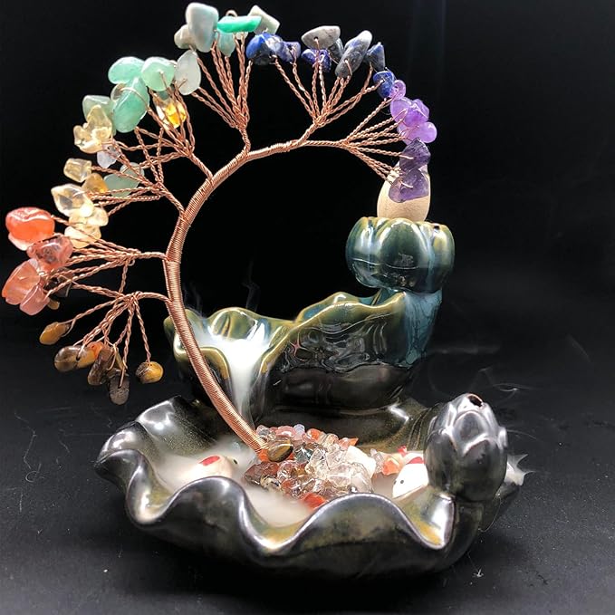 MrMrKura Backflow Incense Burner, Ceramic Incense Waterfall Burner with 7 Chakras Healing Crystals Tree Fountain Incense Holders for Yoga Meditation Home Decor - Bloomnest