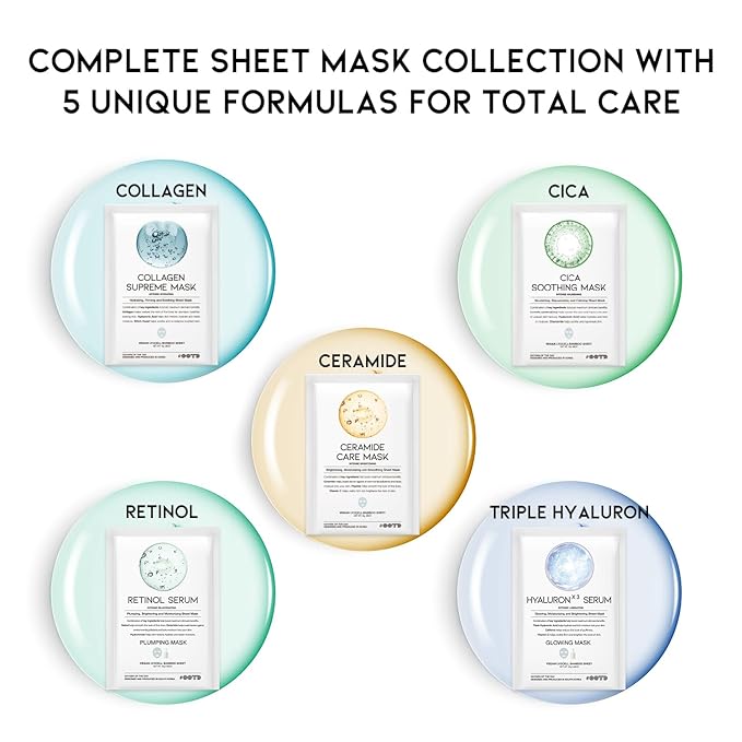 50Combo Korean Face Sheet Mask Gift Pack, Hydrating, Calming, Brightening, Smooting, Rejuvenating, EVE Vegan, Cica, Hyaluron, Retinol, Ceramide, Collagen - Bloomnest