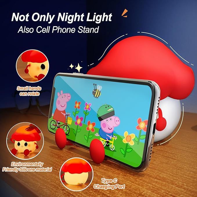 Mushroom Night Light for Kids, Cute Silicone Night Light, 7 Adjustable Color Breathing Mushroom Lamp, Rechargeable USB LED Touch Light for Children's Room Decor, Christmas Birthday Gift (Red) - Bloomnest
