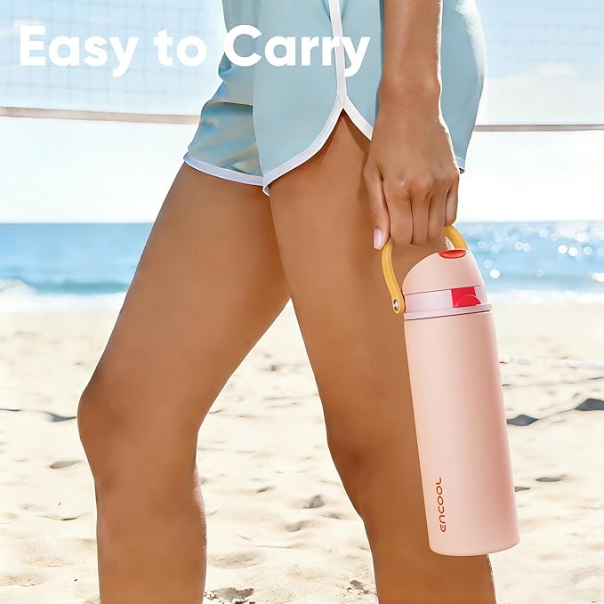 Insulated Water Bottle with Straw - Encool Stainless Steel Water Bottle with Push Button Lid, Leak-Proof & BPA-Free, Keeps Cold for 24 Hours for Sports, Travel, Gym (32 oz, Pink Daisy-Red) ENCOOL