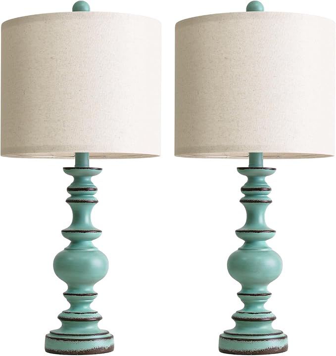 BOBOMOMO 24" Farmhouse Table Lamps Set of 2 – Distressed Teal Lamps with Linen Shades, Cottage Style Bedside Lamps for Bedroom, Living Room, or Entryway, Medium Height Lamps with Coastal Vintage Charm - Bloomnest