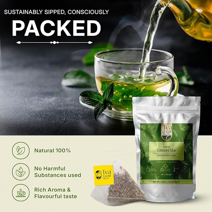 Tea Leaf & Co. Mint Green Tea Bags (50), Green Tea w/ Peppermint & Spearmint, Caffeinated, Real & Natural Green Tea, Blended with Fresh Herbs & Spices - Bloomnest