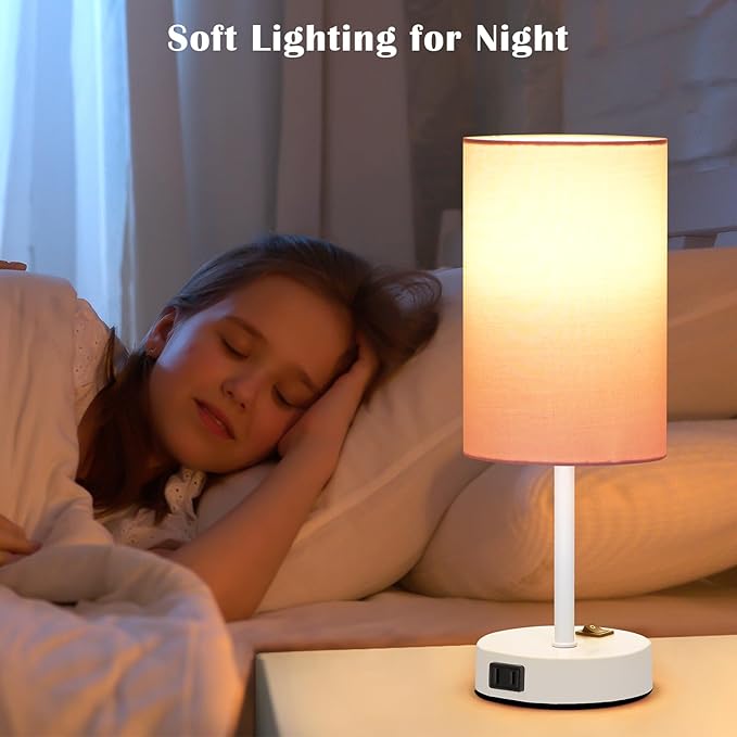 ZJOJO Table Lamp for Bedroom Set of 2, Bedside Small Lamps with 3 Way Dimmable Rocker Switch and AC Outlet, Nightstand Desk Lamp with Pink Fabric Shade White Base for Living Room Home Decor Lights - Bloomnest