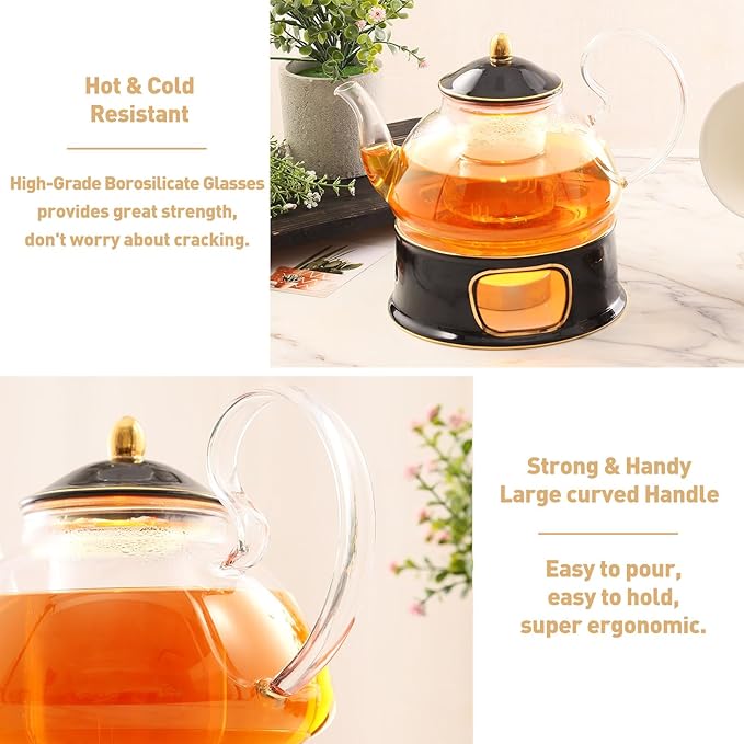 DUJUST Blooming Tea Pot Set, Luxury British Design with Relief Decor & Gold Trims, Hand-Crafted Clear Teapot with Warmer, 40oz Glass Teapot with Infuser, Stove-Safe Tea Party Gift & Home - Black - Bloomnest