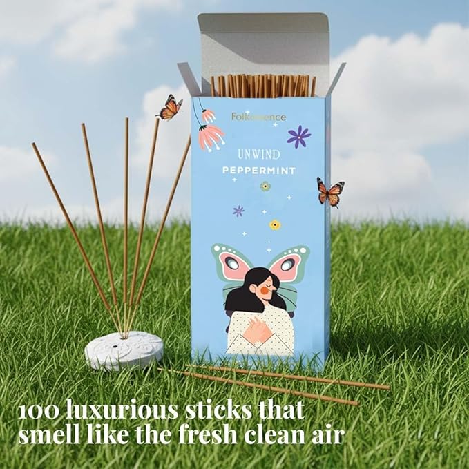 Folkulture Incense Sticks with Holder (100 Sticks)| Peppermint Incents Stick for Focus,Aromatherapy, Relaxation Gifts for Women | No Charcoal,Organic,Non Toxic, 45 Mins, Slow Burning Insence-Sticks FOLKULTURE