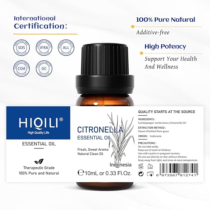 HIQILI 0.33 Fl Oz Citronella Oil for Homemade Sprays, Add to Diffuser, 100% Pure and Natural Undiluted, Portable - 10ml - Bloomnest