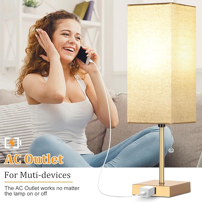 Table Lamp for Bedroom set of 2,3-Color Bedside Lamps with Pull Chain Table Lamps for Nightstand with AC Outlets,18'' Night Light Lamps with 2 Bulbs Lamps for Living Room Kids Office Decor（Glod） - Bloomnest