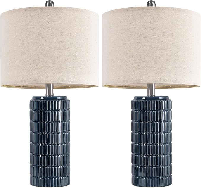 PoKat 23" Blue Table Lamps, Farmhouse Bedside Lamps for Bedroom Set of 2, Ceramic End Table Lamps for Living Room, Traditional Nightstand Desk Lamps, Medium - Bloomnest