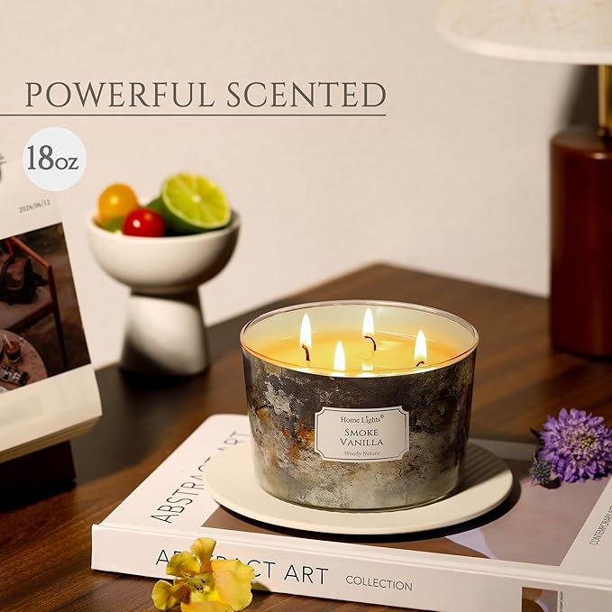 HomeLights Large jar Candle | 4-Wick Long-Lasting Scented Candles, 18oz Natural Soy Wax Candle for Home Scented, Industrial Chic Gifts for Women & Men, Smoke Vanilla - Bloomnest