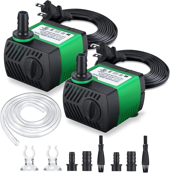 2 Pack 80GPH (4W 300L/H) Submersible Water Pump with 4.9ft Tubing (1/3-Inch ID), 3 Nozzles for Aquarium, Pond, Fish Tank, Hydroponics - Bloomnest