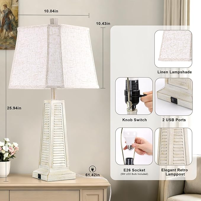25.94'' Vintage Table Lamp Traditional Bedside Lamp with 2 USB Ports Rustic Farmhouse Nightstand Lamp with Linen Lampshade Desk Lamp for Living Room Bedroom, 9W Bulb Included - Bloomnest