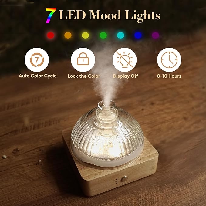Glass Dome Essential Oil Diffuser with Glass Reservoir & Wood Base-No Plastic, 200ml Ultrasonic Diffuser for Aromatherapy with Timer 7 Color Light Auto-Off for Home Office Yoga Pilates - Bloomnest