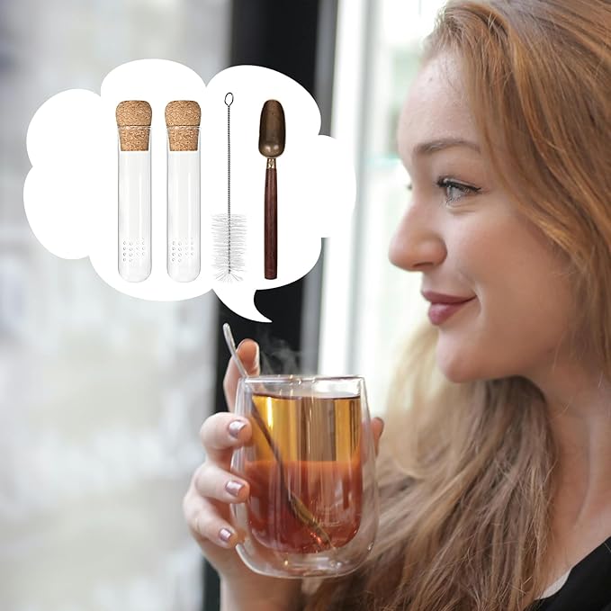 2 PCS Glass Tea Infusers for Loose Tea——Reusable Round filter holes Tea Glass Strainers with Cork Lid & Teaspoon & Cleaning Brus - Bloomnest