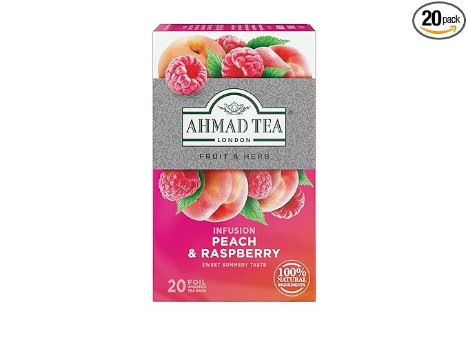 Ahmad Tea Infusions, Peach and Raspberry Teabags, 20 ct (Pack of 1) - Decaffeinated & Sugar-Free - Bloomnest