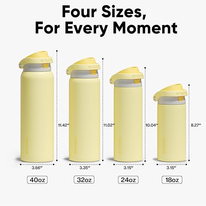 ENCOOL Leakproof Insulated Water Bottle with Straw Dual-Sip Water Bottle Bag-Safe Design for Work, Commute & Gym – Keeps Drinks Cold All Day, 24 oz, Butter Yellow ENCOOL