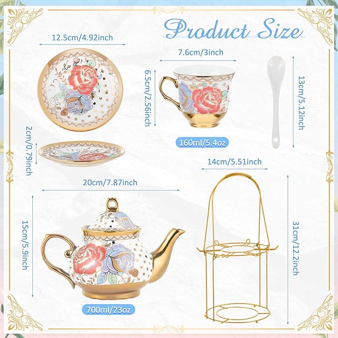 Zhehao 20 Pcs Porcelain Tea Set with Metal Holder and Spoon Adult Ceramic Tea Set European Flower Painting Teapot Cup Saucer Spoon for Women, Large Version(Romantic Style) - Bloomnest