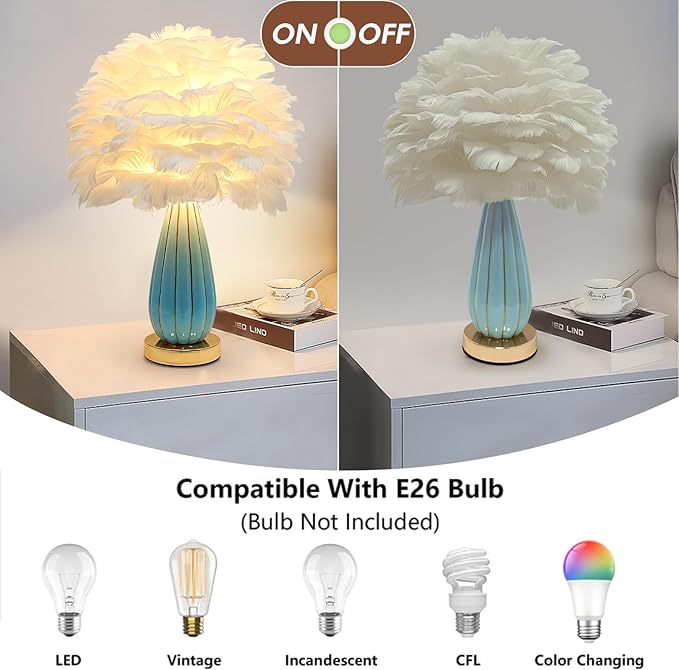 Chic White Feather Lamp Creative Feather Bedside Lamp Princess Nightstand Table Lamp Deco Romantic Atmosphere Desk Light for Cute Girl Bedroom Wedding Gift Living Room Hotel Ceramic Body - Bloomnest