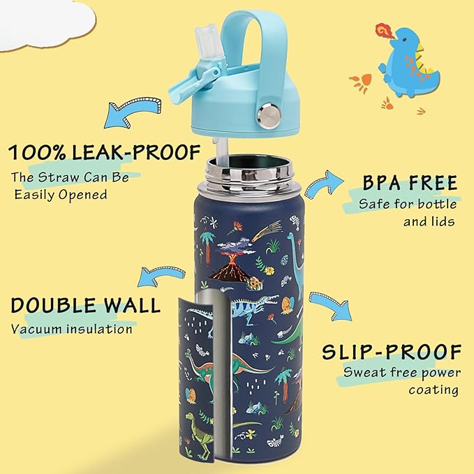 18oz Kids Insulated Water Bottle with Straw Lid - 18/8 Stainless Steel Kid Cup BPA-FREE Travel Tumbler Double Wall Vacuum Leak Proof Portable Toddler Water Bottle(Dinosaur) - Bloomnest