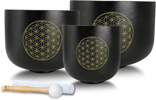 Set of 3 Singing Bowls Flower of Life Black 6-10 inch 6"A 8"F 10"C Frosted Chakra Quartz Crystal Sound Healing Crystal with 1 Mallet Suede 1 Striker 3 O-rings - Bloomnest